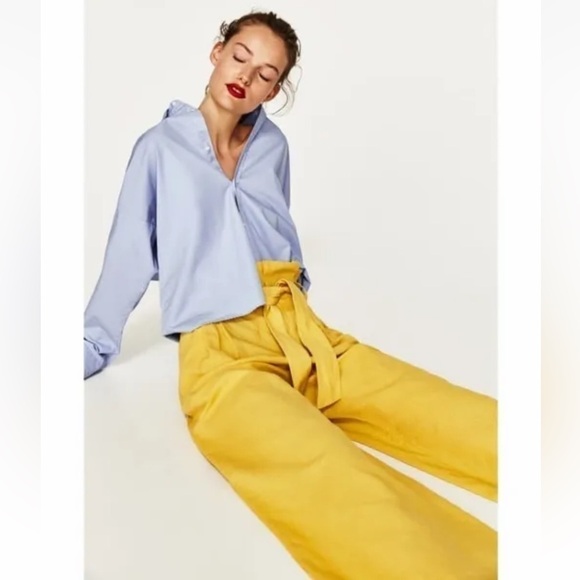 Zara Yellow Linen Wide Leg Paper Bag Cropped Palazzo Pants sz XS - Picture 6 of 16